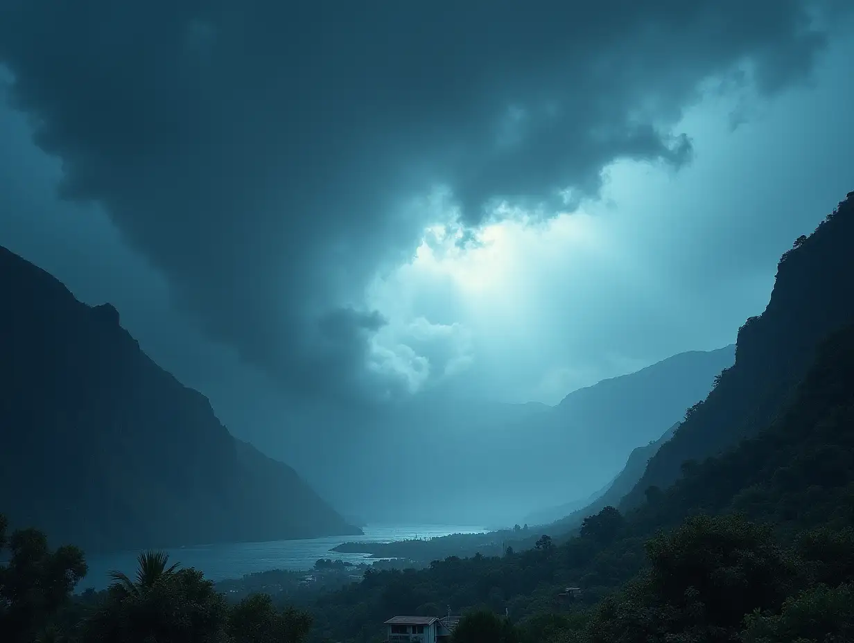 Dramatic view of a hurricane approaching mountainous terrain, with dark, swirling clouds and intense winds.