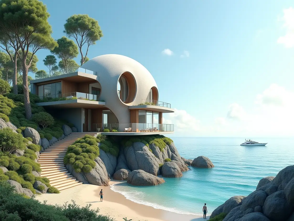 Create a high-resolution, realistic panorama image of a futuristic terrace building with steps to the sea window snail house with many plants and grey and brown facades a beach with people a yacht on the sea waves, large trees, blue sky