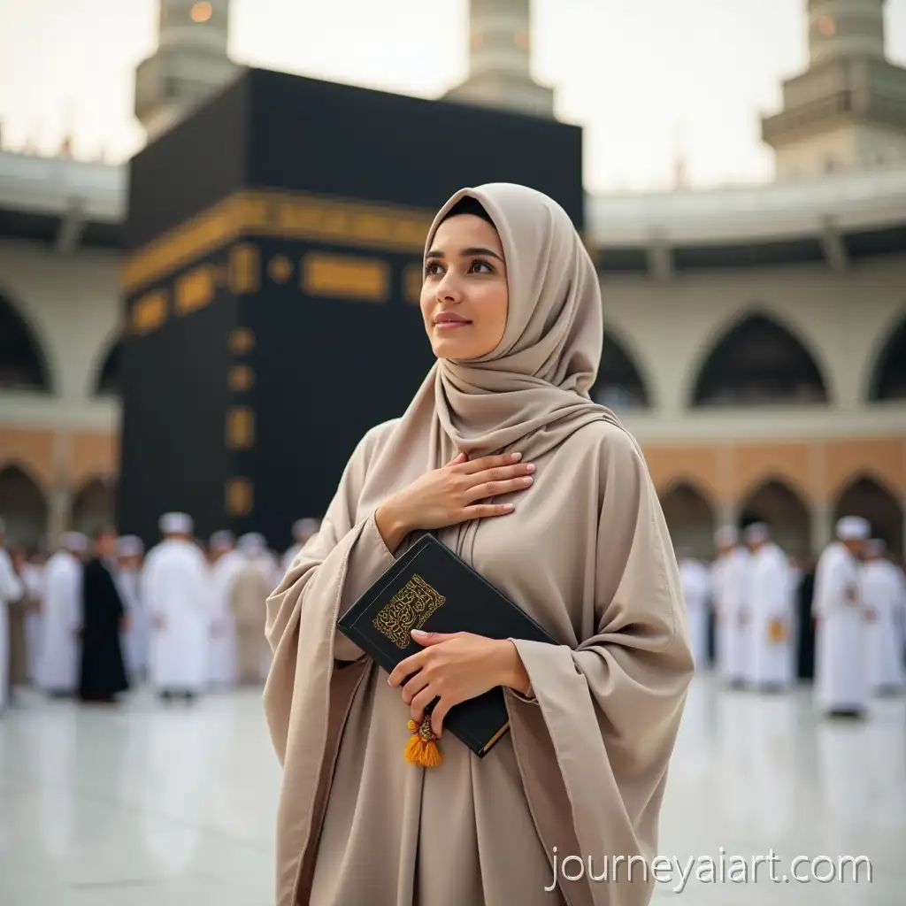 Woman-in-Ihram-Holding-Quran-and-Prayer-Beads-in-Front-of-Kaaba-at-Masjid-alHaram