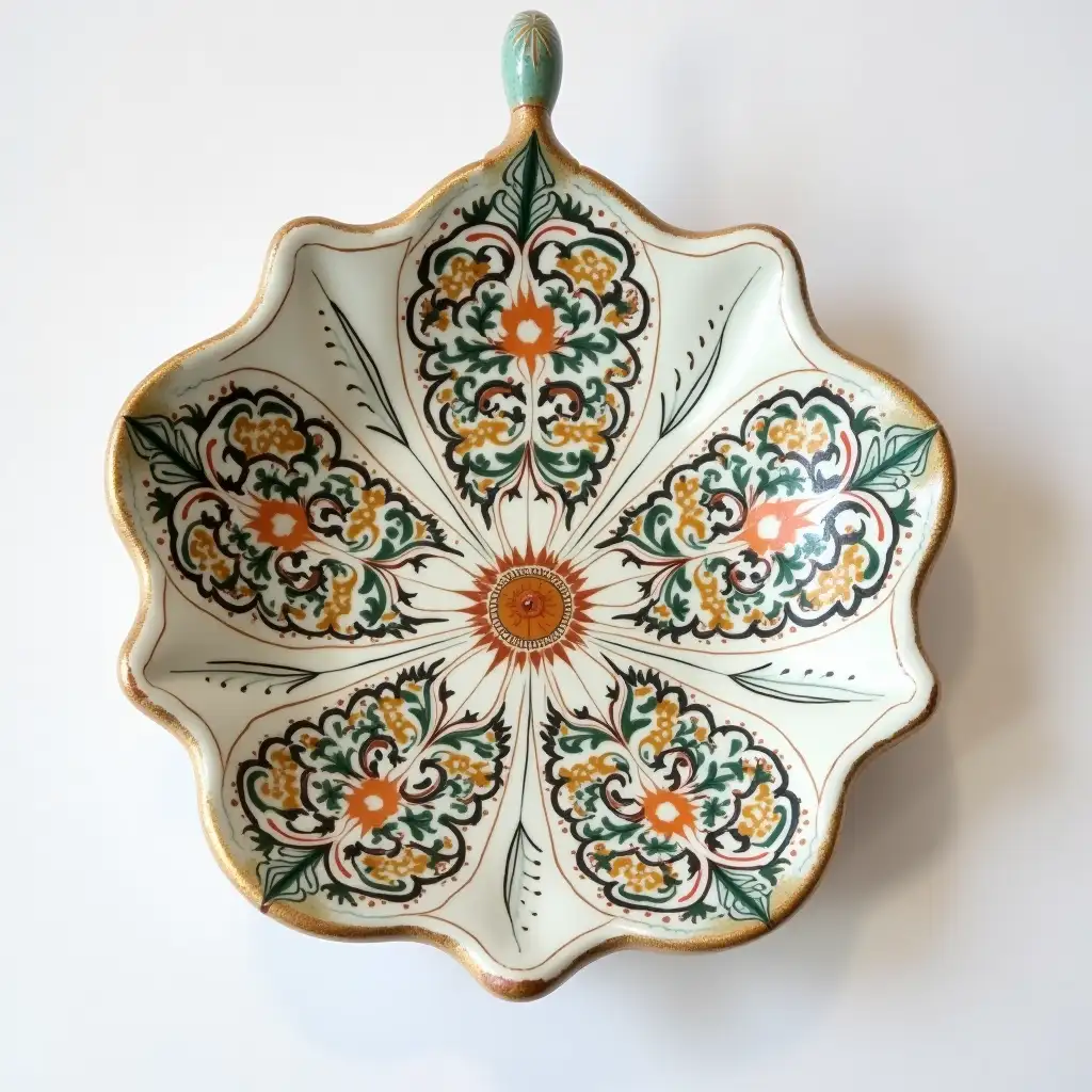 A ceramic serving in the shape of a six-petaled flower with a ceramic handle, Underglaze painting on white body, Fine art, Hyper detailed, Antique and old, Qajar art, Iranian Tabriz carpet design