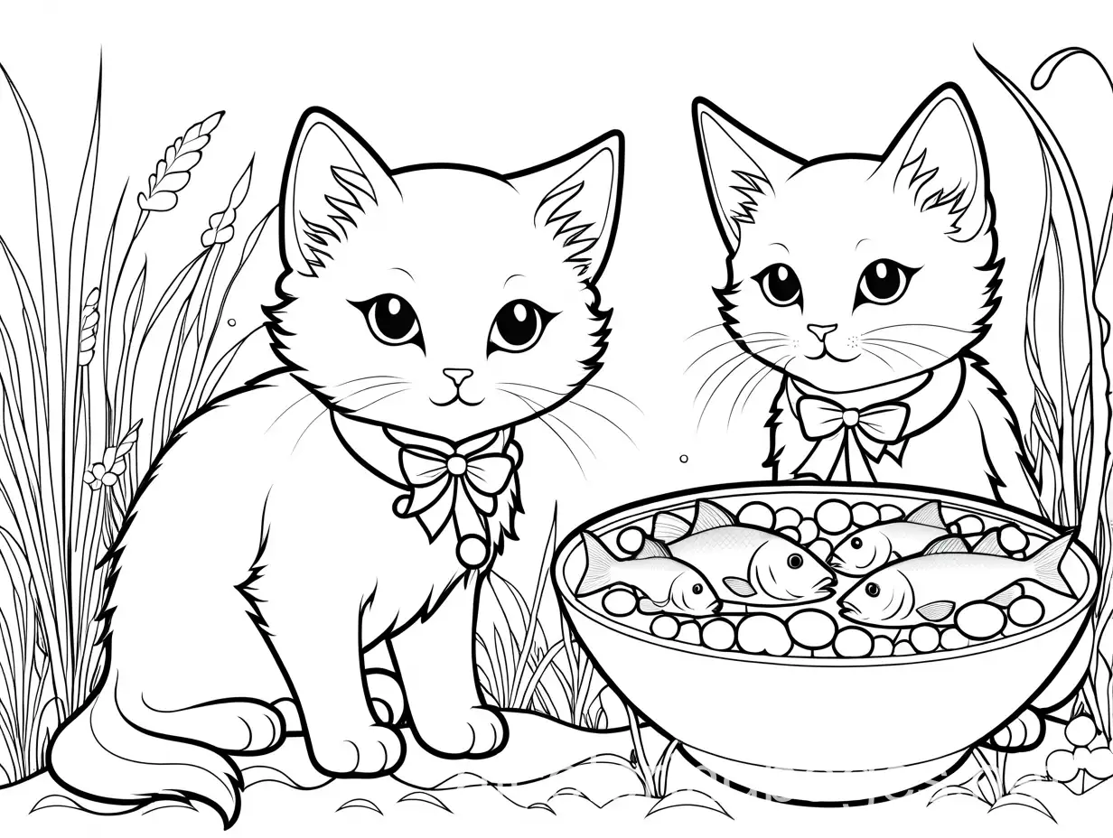 Two-Kittens-with-Collars-and-Bows-Playing-in-a-Field-with-Fish-Bowl