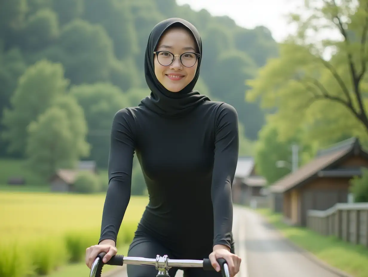 Serene-Asian-Woman-in-Black-Hijab-Riding-Bicycle-Through-Rural-Japan