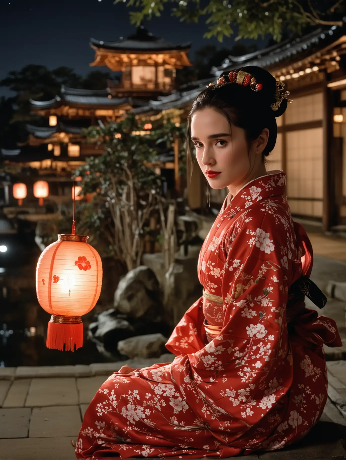 Young-Woman-in-Kimono-by-Pagoda-at-Night-with-Japanese-Lantern