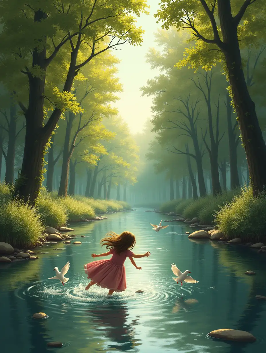 The river lined by trees with the water moving and shinning, birds playing, a little girl with long light brown hair flying and Granny with a long grey braid.