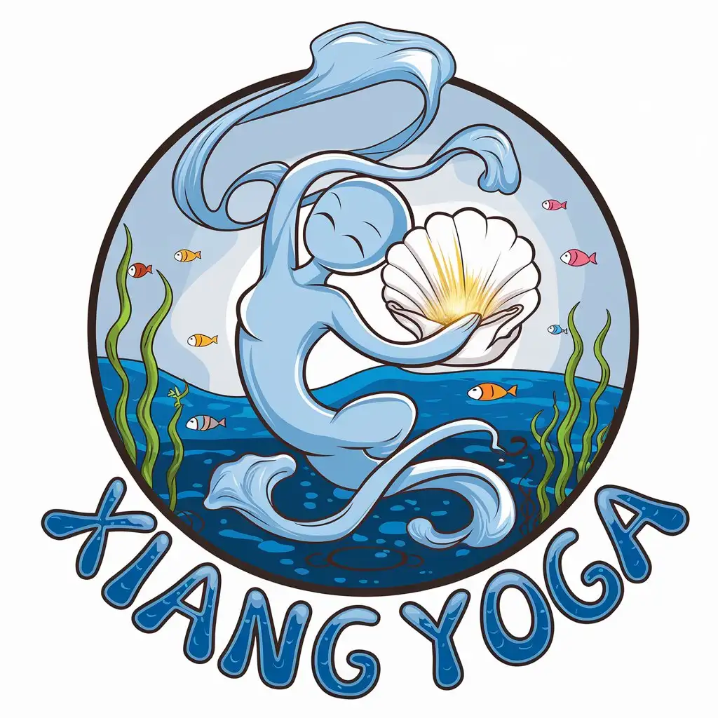 a vector logo design,with the text "Xiang yu yoga", main symbol:As a background, there is a blue ocean, and a blue yoga spirit is doing stretching movements, its body bending into beautiful shapes like a soft ribbon. In its hands, it holds a white shell, from which golden light shines. Around the spirit, there are colorful fish and seaweed, adding to the ocean atmosphere. The words '幸予瑜伽' (Happy Yoga) written in blue wave font appear at the bottom of the picture, matching the ocean theme and giving a fresh and calm feeling overall. Hand-drawn comic style.,Moderate,be used in Sports Fitness industry,clear background