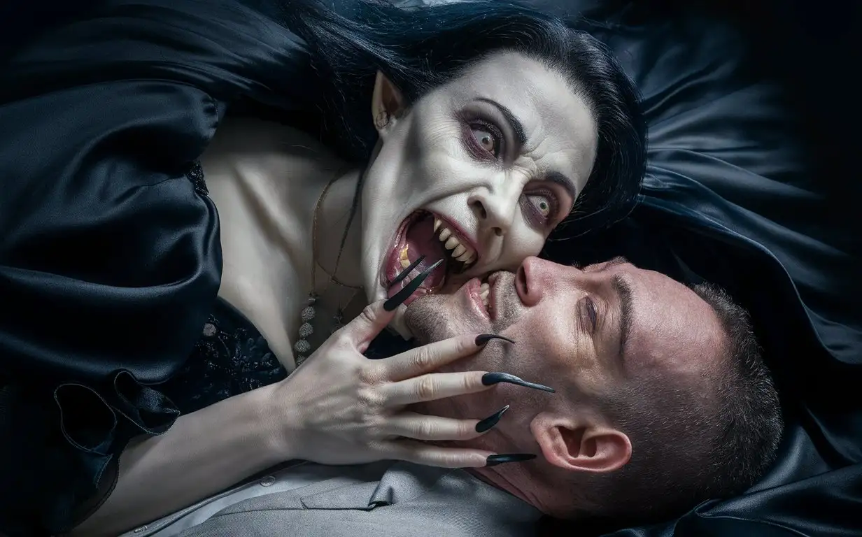 A photorealistic female vampire attacking a man. Here is the description: **Female vampire:** * **Appearance:** She has dark hair with bangs, pale skin, and sharp fangs. It seems that her pupils are dilated, indicating an inhuman nature. She has long black nails. She has a ring on her left arm. * **Facial expression:** She holds the man by the chin and neck and seems about to bite him. Her expression is predatory and vicious. * **Clothes:** black dress . **Male:** * **Appearance:** He has short hair, stubble on his face, and is wearing a shirt  * **Facial expression:** His expression is calm, perhaps slightly apathetic, as if he is hypnotized or in a state of despair. This image creates an unsettling atmosphere, emphasizing the theme of vulnerability and supernatural threat.