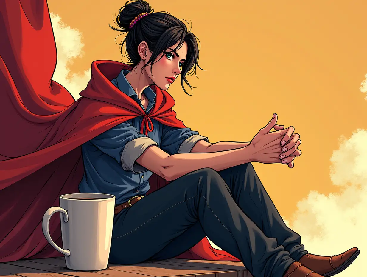 Dramatic-Hong-Kong-Comic-Style-Illustration-of-Bu-Jingyun-with-Coffee-Cup