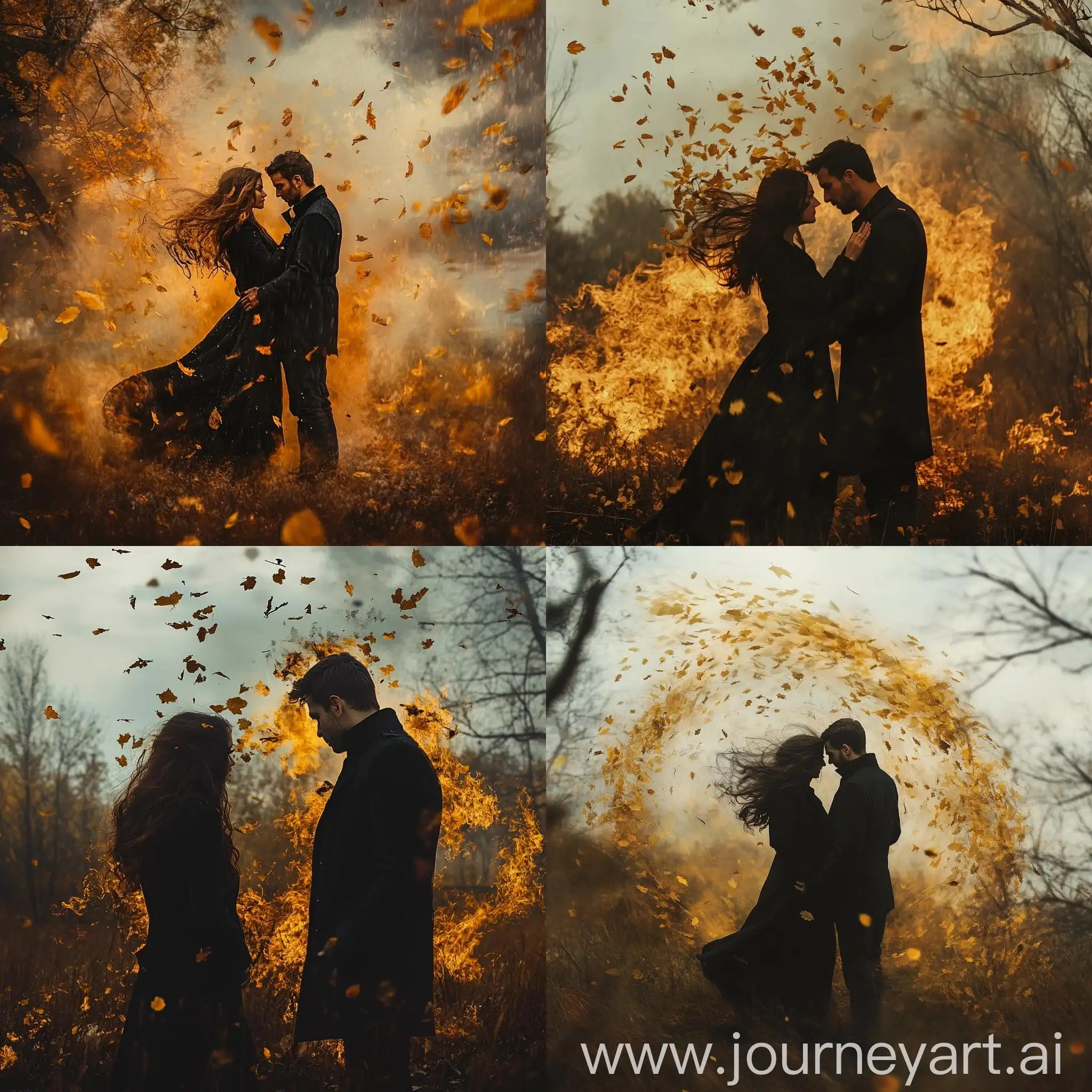 Couple-in-Black-Coats-Embraced-by-Autumn-Fire-Trees