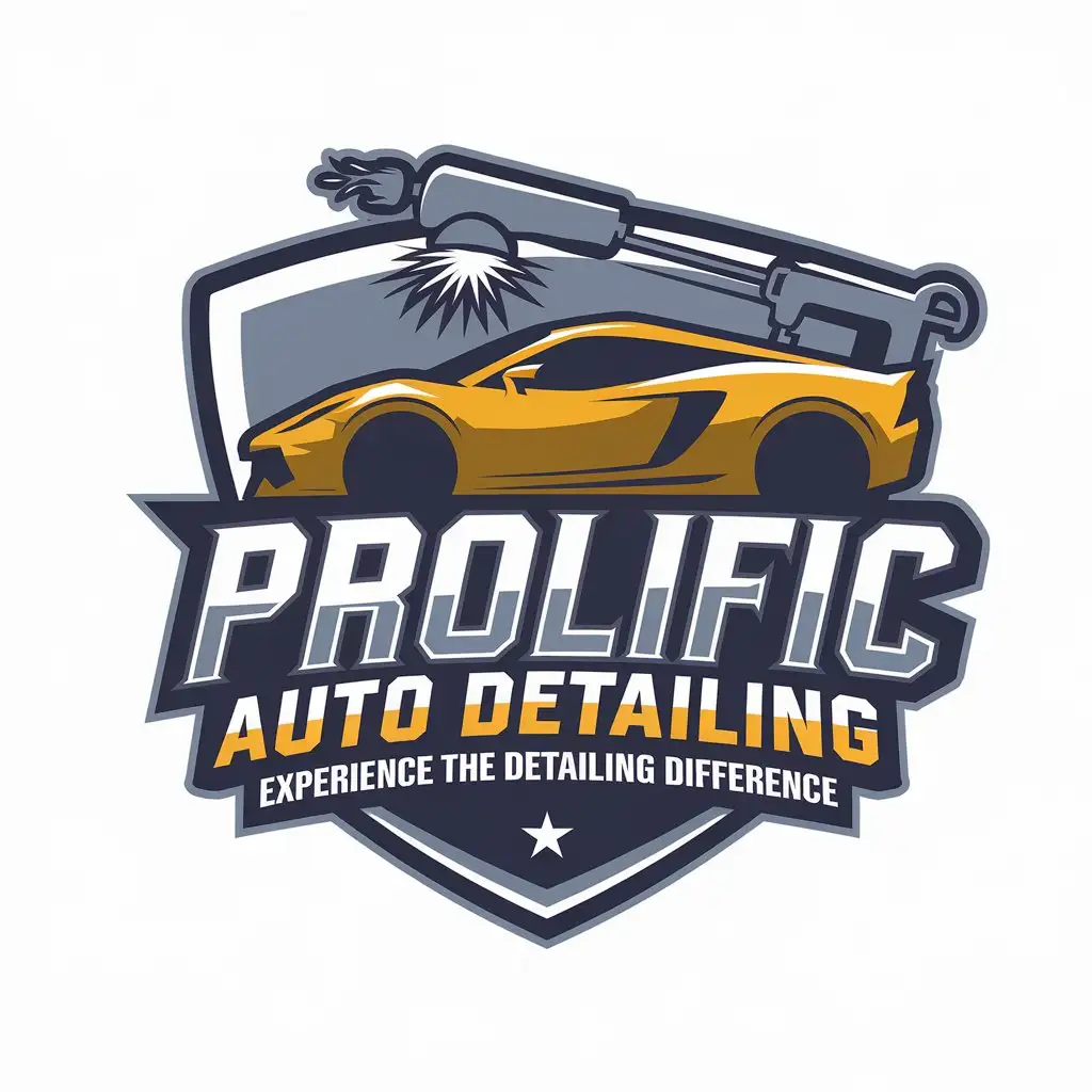 LOGO Design for Prolific Auto Detailing Yellow Sports Car Silhouette with Grey Pressure Washer Theme