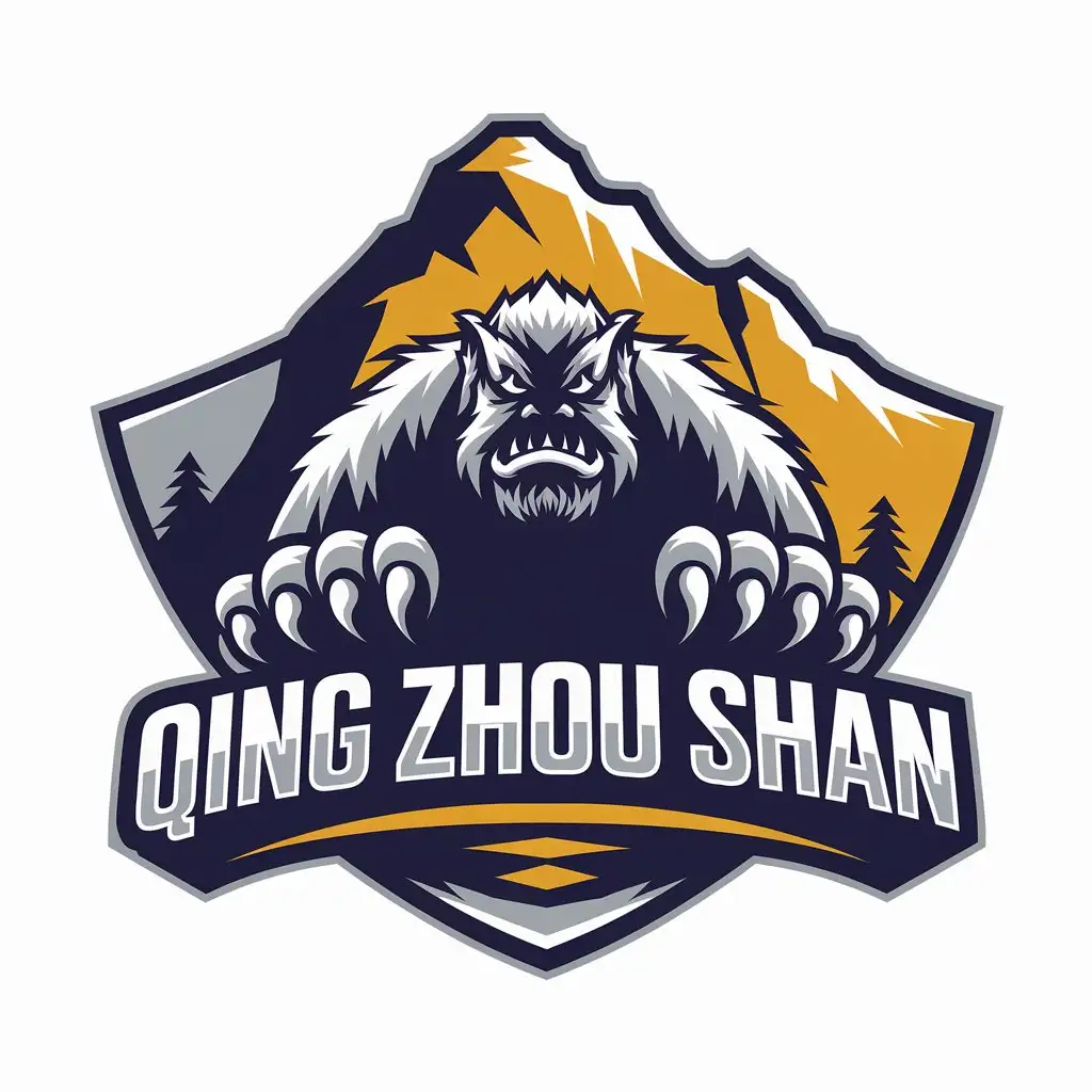 a vector logo design,with the text "Qing Zhou Shan", main symbol:There's a monster in front of the mountain,Moderate,be used in Technology industry,clear background