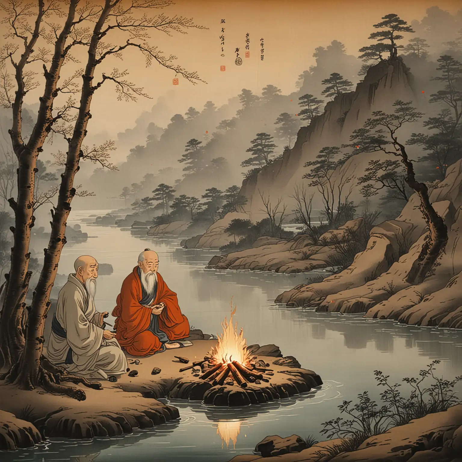 Old-Zen-Master-and-Disciple-Sitting-by-a-Campfire-Near-a-River-in-Traditional-Japanese-Painting-Style