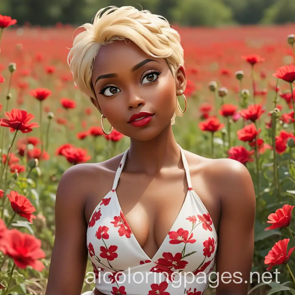 Dark-Skinned-Woman-in-a-Field-of-Red-Flowers-Coloring-Page