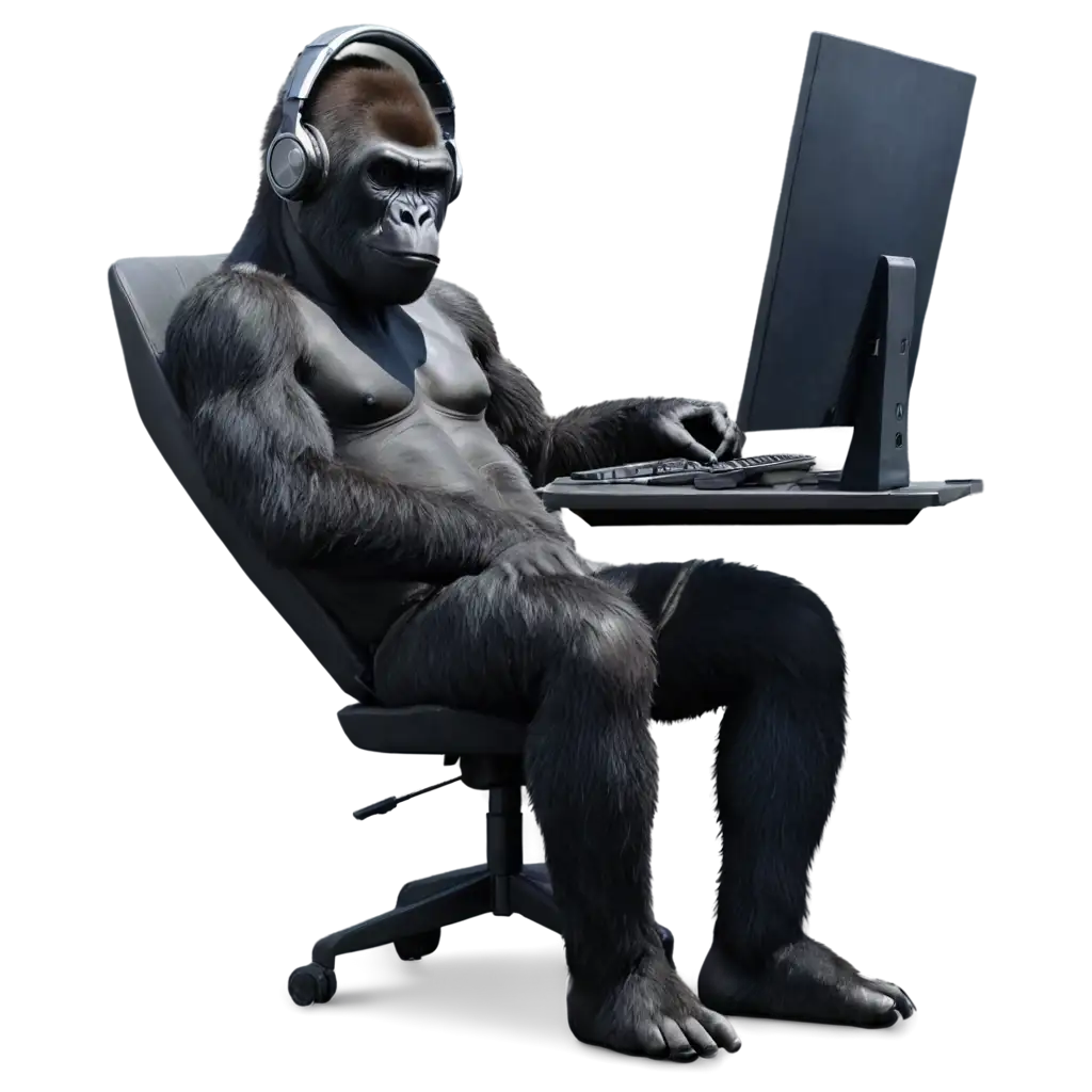 Gorilla-Using-Headphones-in-Gaming-Chair-PNG-Image-Virtual-Entertainment-at-Its-Best