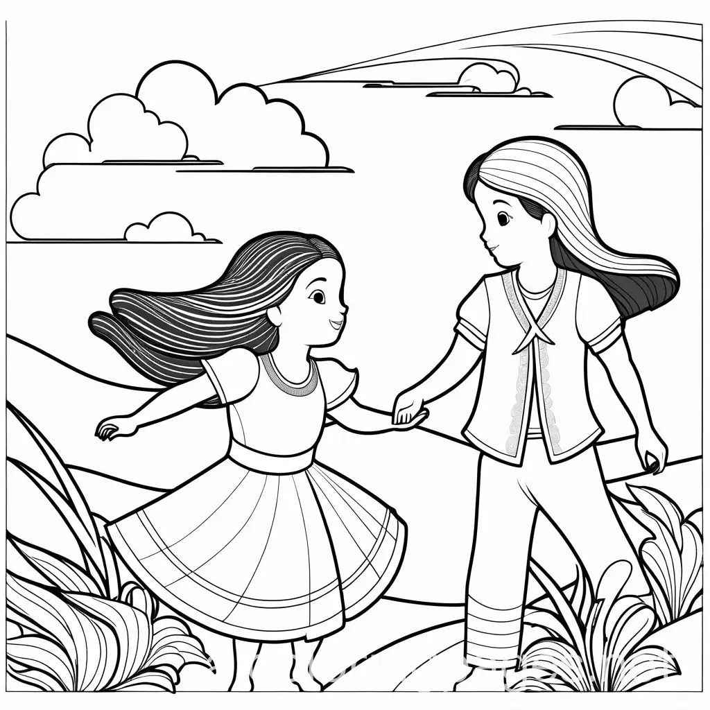 light and shadow danced, wind blows, Coloring Page, black and white, line art, white background, Simplicity, Ample White Space. The background of the coloring page is plain white to make it easy for young children to color within the lines. The outlines of all the subjects are easy to distinguish, making it simple for kids to color without too much difficulty