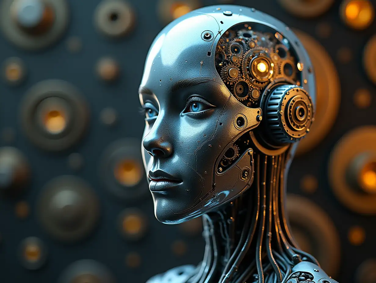 Create a high-resolution, realistic image of an artificial intelligence with gears on the cheeks and a glass head with visible silver brain with many gears, optical fiber cable bundles on the neck, led light face 3d 4k resolution with background gold and silver ornaments background