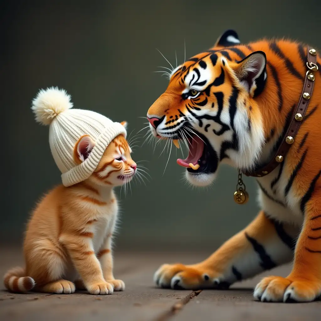 to the left is a ginger cute real kitten with a knitted white hat closed eyes is afraid, the cat stands in profile, looks to the right. on him roars a tiger, nice real tiger with open mouth, tiger stands in profile and looks at the kitten and growls. on the neck of the tiger collar with spikes and red eyes. the kitten's mouth is a pacifier