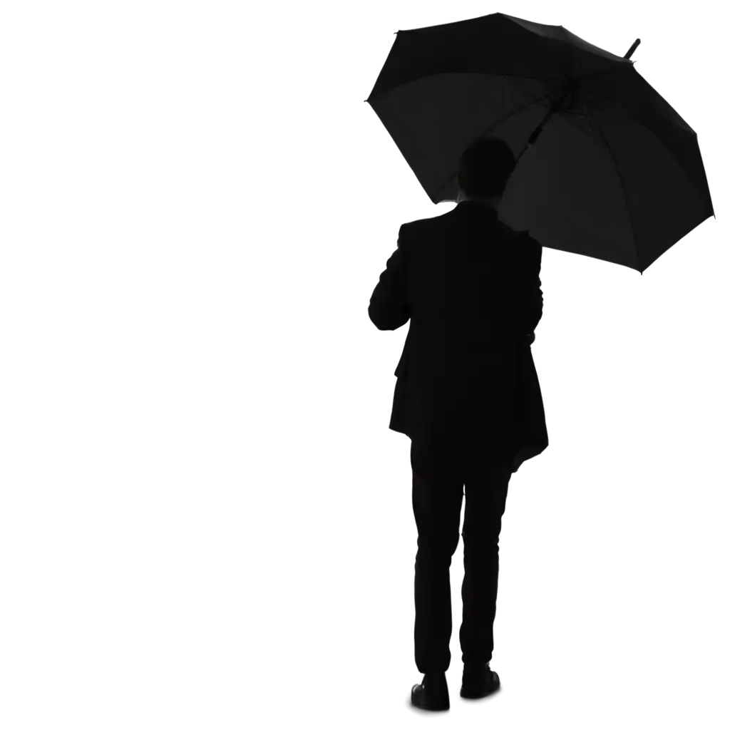 silhouette of a man walking under an umbrella, view from behind, full height