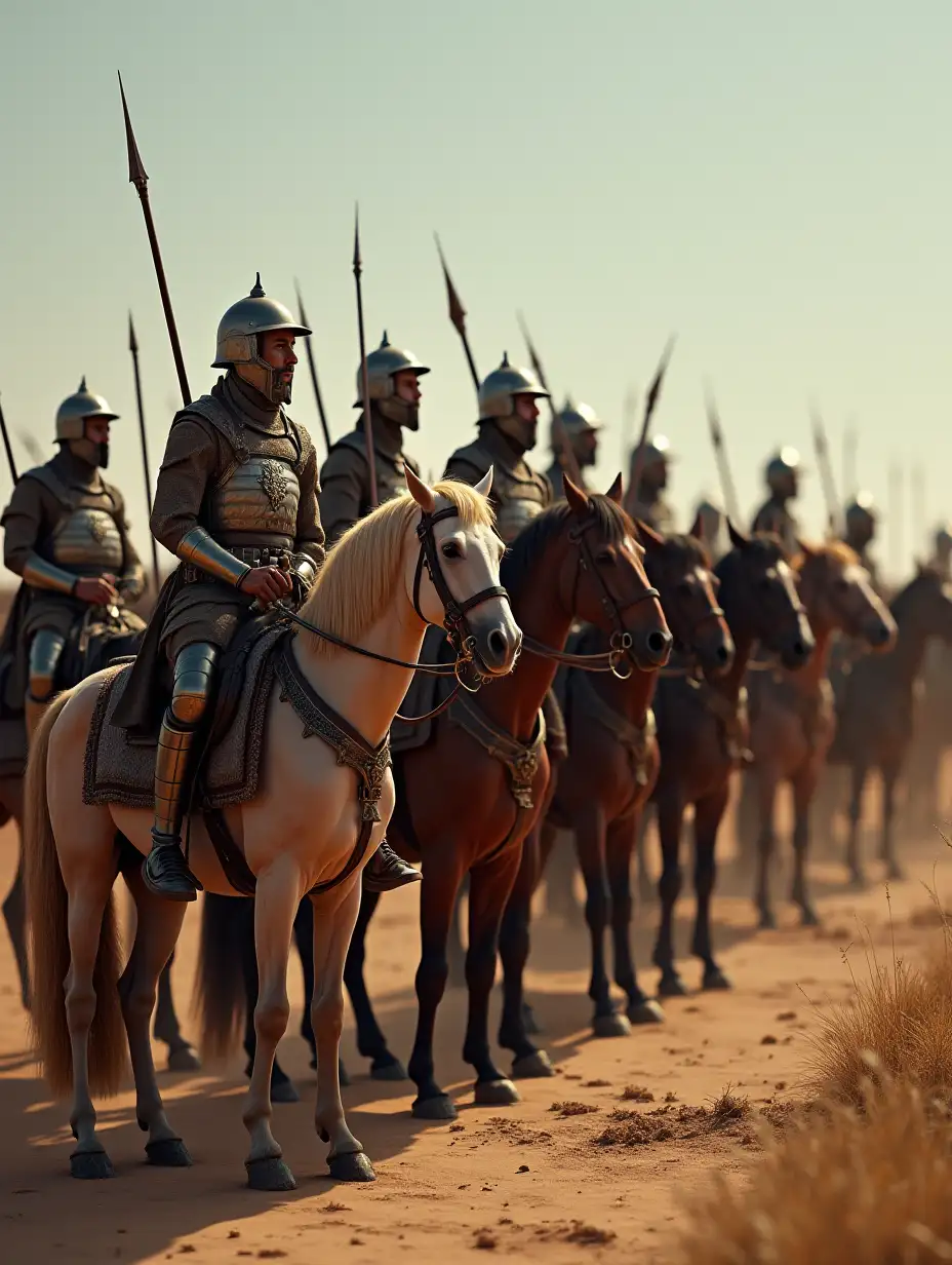 scenario 1: Soldiers stand next to their horses, as if preparing for a mission or listening to orders.   - THE SOLDIERS: They wear the clothes of warriors of that era, such as light armor, helmets, swords, spears, and Arabian horses