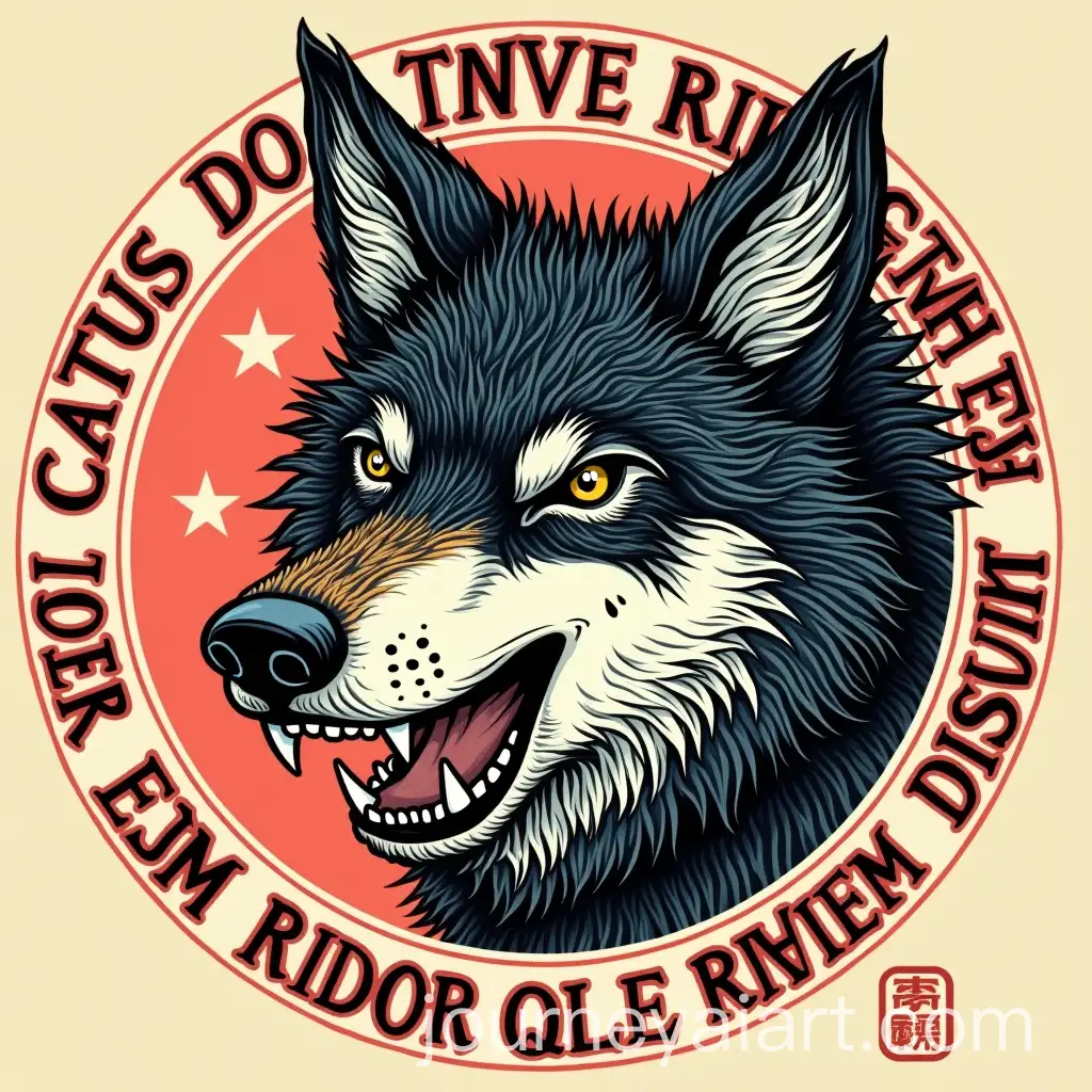 Japanese-Woodblock-Print-of-Wolf-Head-with-Kanji-Phrase