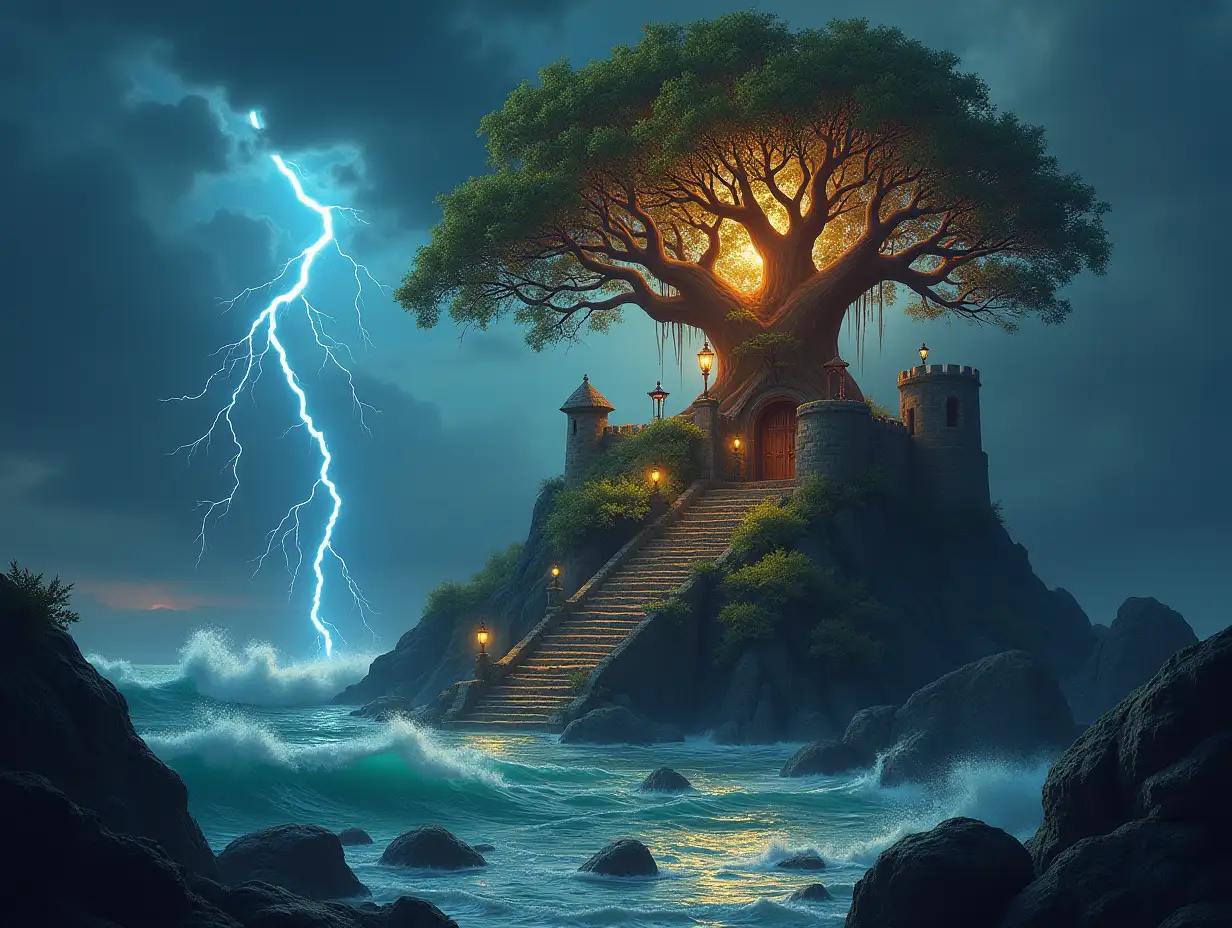 In creating a digital painting, a Tarzan with rainbow root hair transforms into a building with stones and lighting. Trees with roots and rocks and lantern by the sea, with large clock tower... Towers high into the sky with lanterns and and the sun shines through the clouds, from the sea is a stairway to heaven Very big waves and lightning