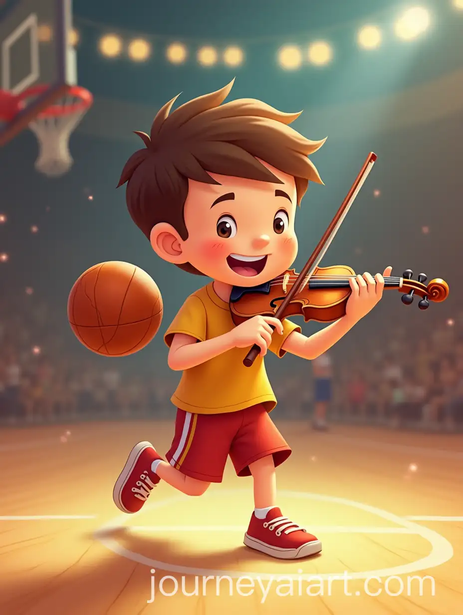Cheerful-Cartoon-Boy-Playing-Violin-on-Basketball-Court