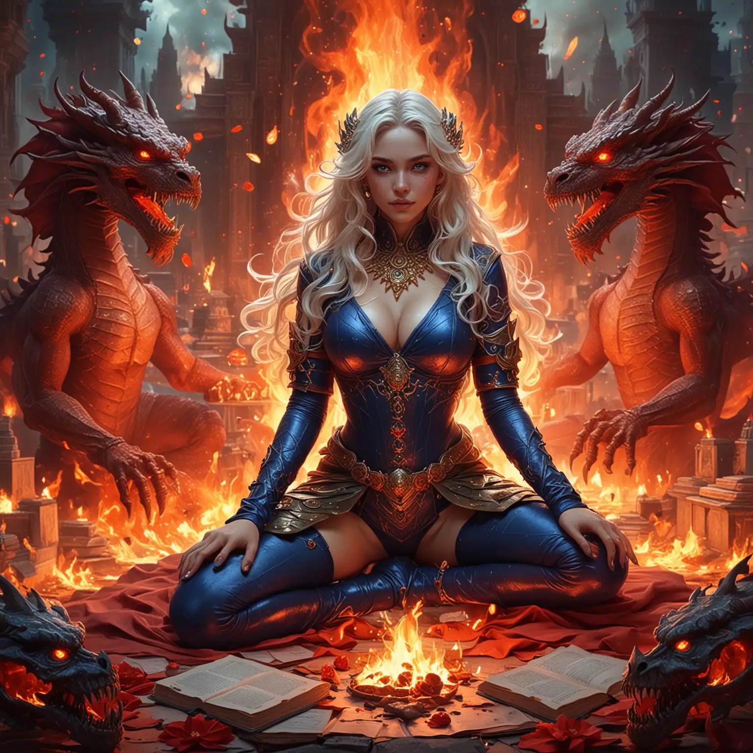 Alien Sorceress Empress Goddesses Surrounded by Fiery Dragons