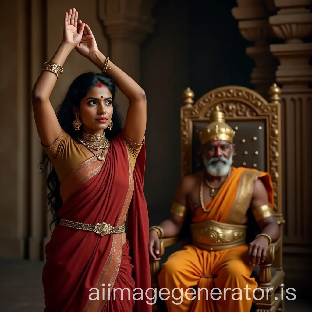 Ancient-Tamil-Woman-in-Red-Saree-and-Royal-King-in-Darbar-Setting