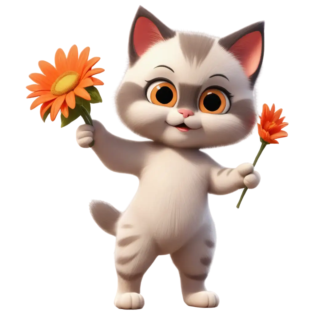 Adorable-3D-Red-Kitten-with-Fiery-Orange-Eyes-Holding-Daisies-PNG-Image