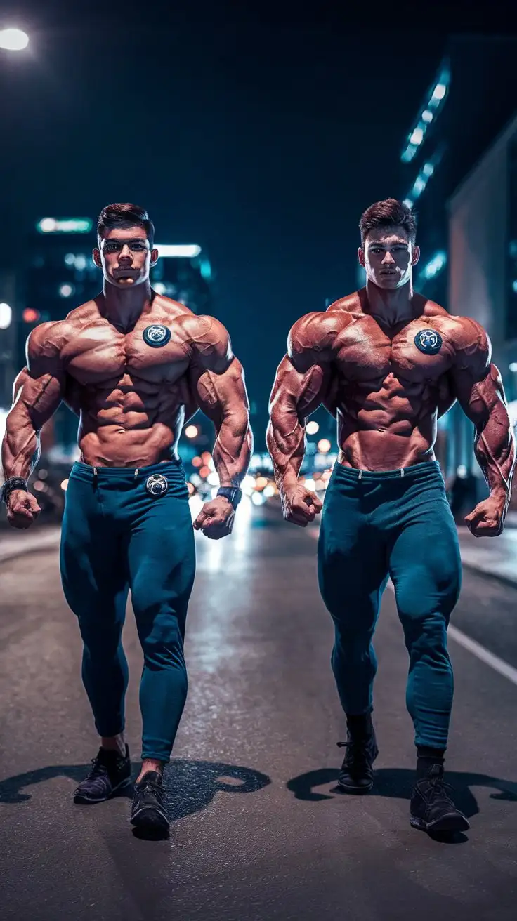 Powerful-Bodybuilder-Superheroes-Walking-on-a-City-Street-at-Night