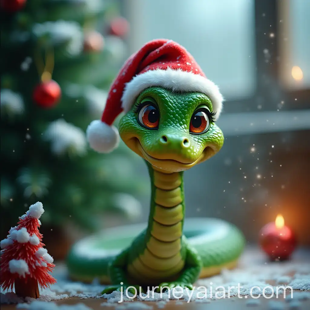Friendly-Green-Snake-with-Santa-Hat-Near-Festive-Fir-Tree-in-Mystical-Atmosphere