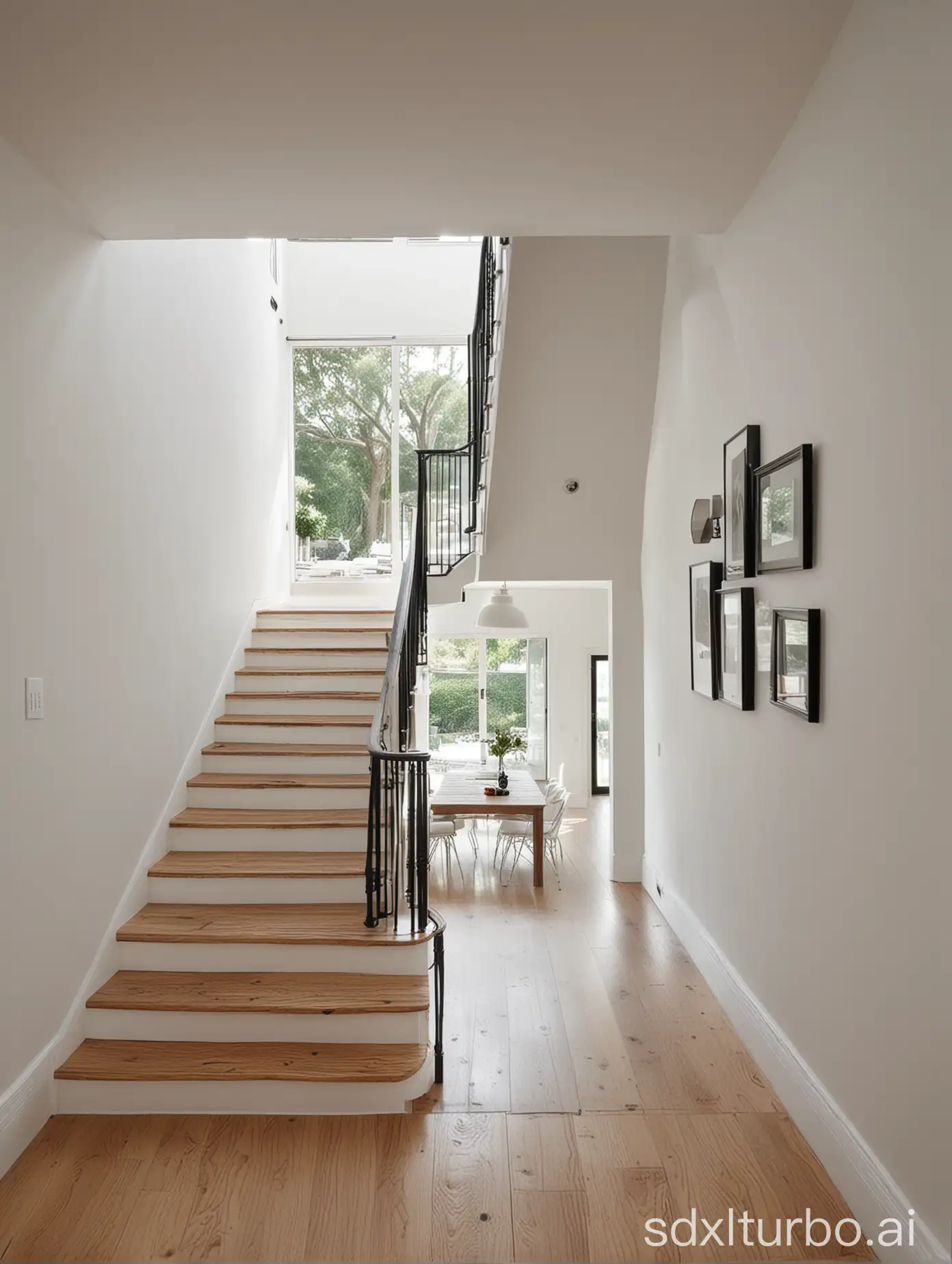 Stairs, interior, doorway, dining room, modern style, white walls