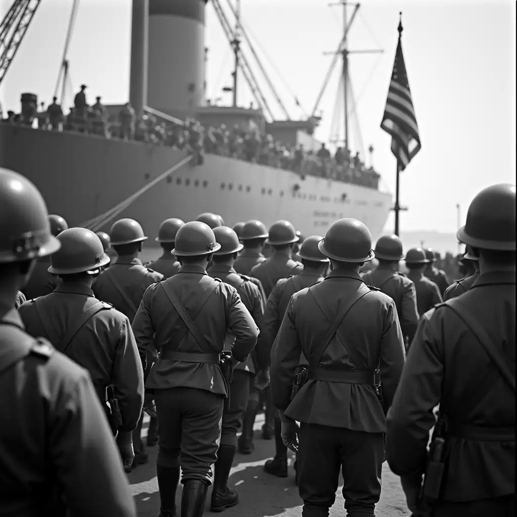 A dramatic scene of U.S. soldiers preparing to deploy during World War I in 1917. The soldiers, wearing uniforms and helmets, are seen boarding a transport ship with the American flag flying in the background. The mood is tense, and the atmosphere reflects the urgency and patriotism of the time