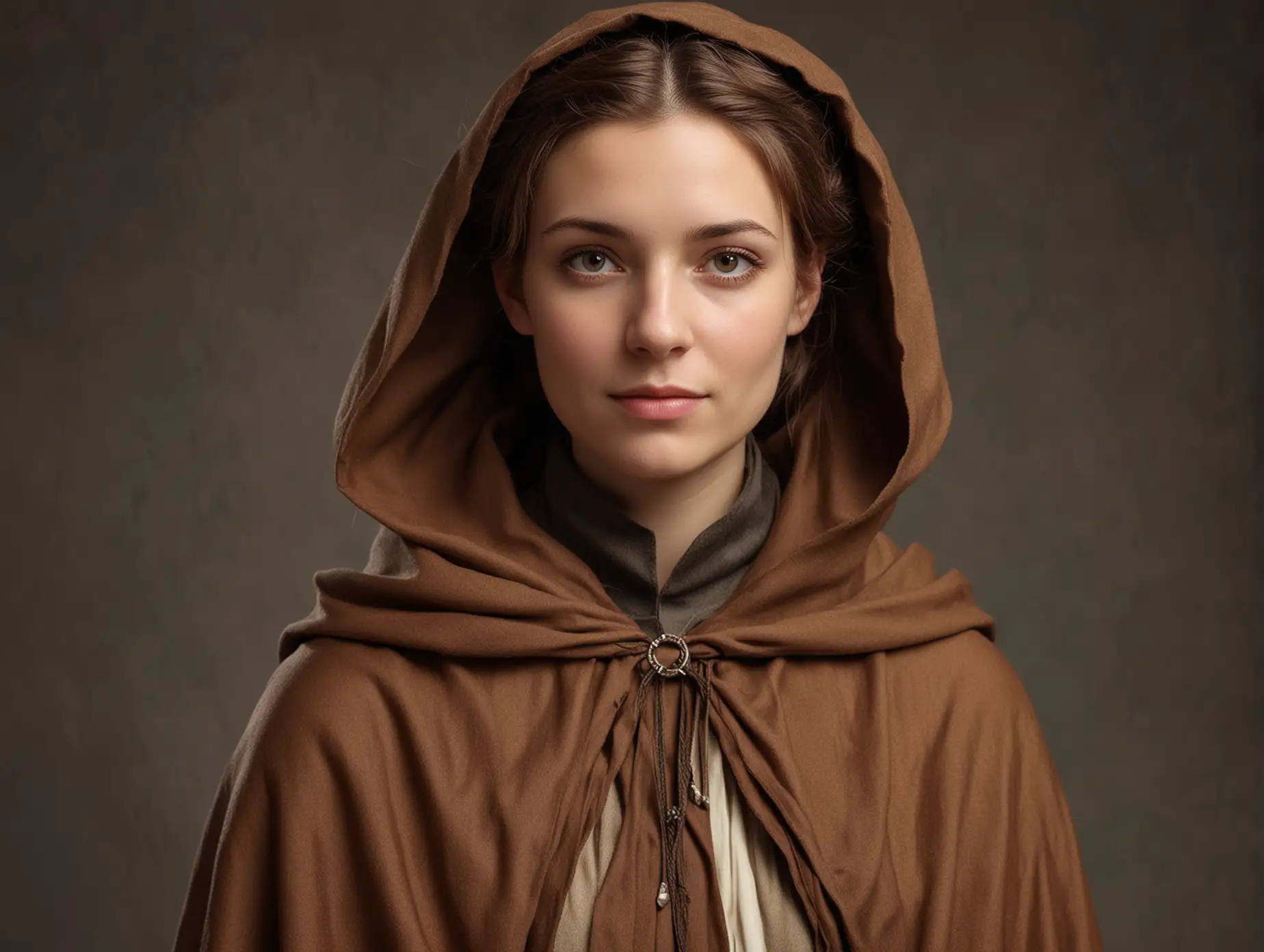 female, cute, medieval healer, early thirties looking, brown, cloak