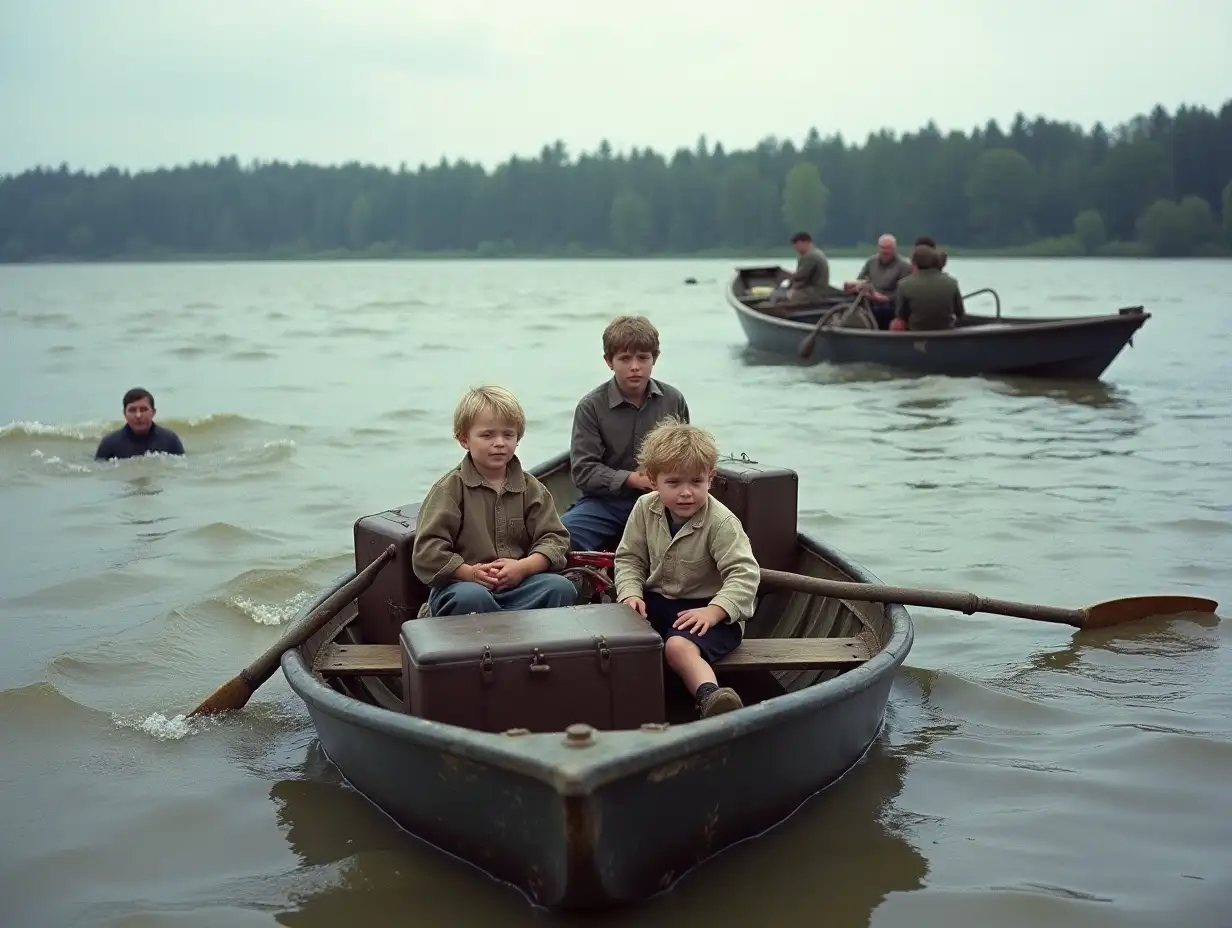 Color, Germany, Summer, 1945, wide river Elbe, no bridge, strong storm, extremely high waves, shore only forest in the background, rowboat in the foreground, extremely low in the water, in the rowboat many suitcases and 1 bicycle, in the rowboat sit three women, sit 2 very small blonde boys, age 10 years, sitting on the suitcases, these boys row with a wooden board, all persons very anxious and excited, rowboat lies very low in the water, high waves, 1 man in the water holds onto the stern of the rowboat, only 1 old military boat with 1 British soldier in the background moves towards the rowboat, no other boats, no other people in the water