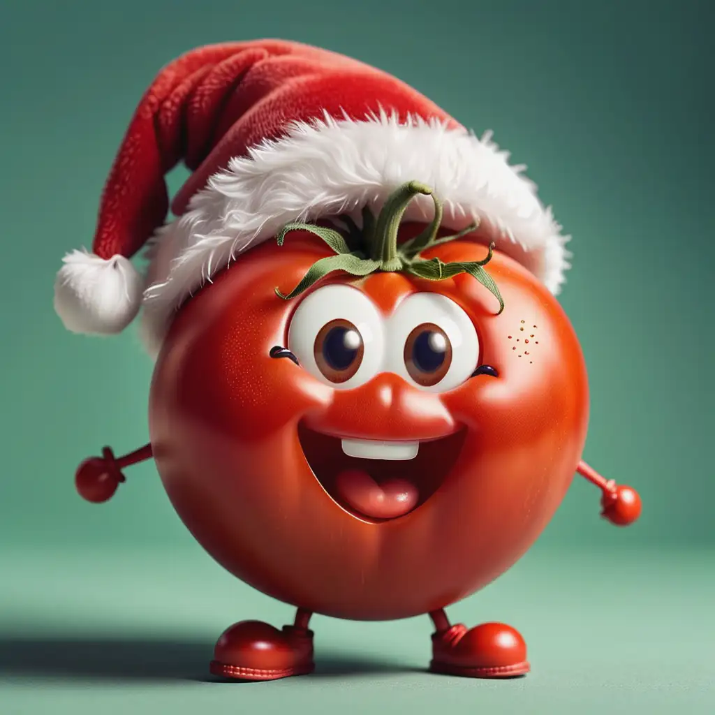 a cheerful, kind, cute tomato character, in a santa claus hat