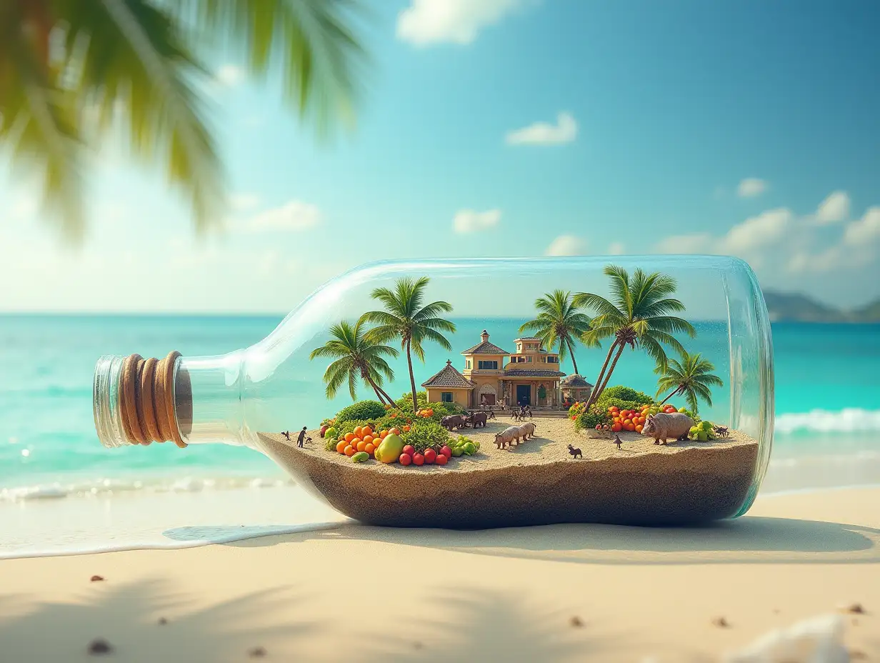 In a beautiful beach with palm trees there is a large glass bottle, inside which is a small village, with very many tiny people, with fruit plantation, carriage, horses, pigs, quite big-real photo, triple exposure, basic idea of something beautiful picture