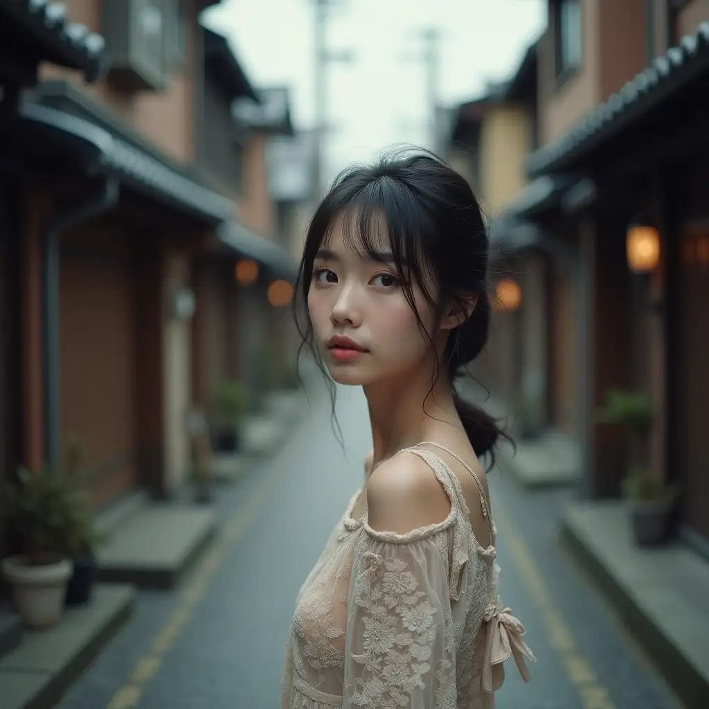 A dreamy and ethereal hyperrealistic portrait of a stunning 18-year-old Japanese woman, positioned in a narrow street lined with old traditional Japanese buildings...