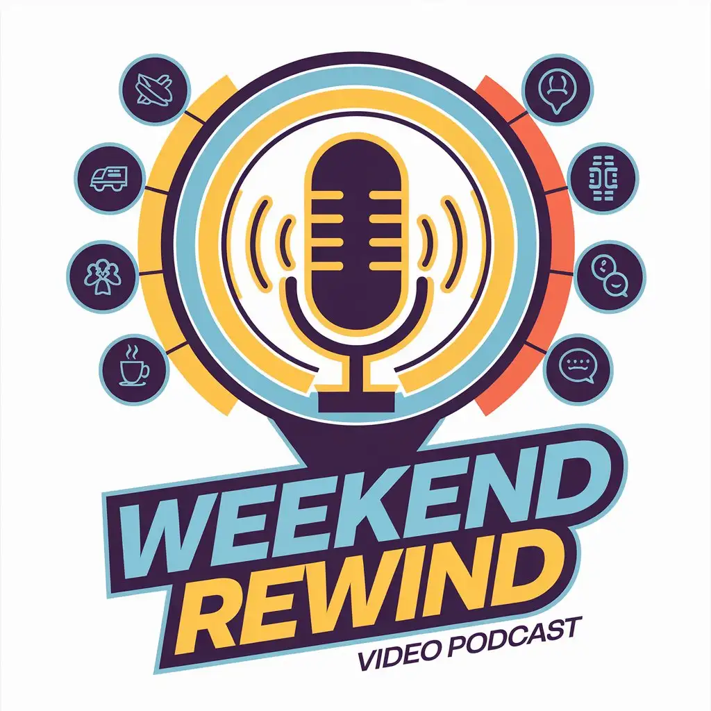 LOGO Design for Weekend Rewind Bold Microphone with Sound Waves Icons of Travel Coffee Church Friendship