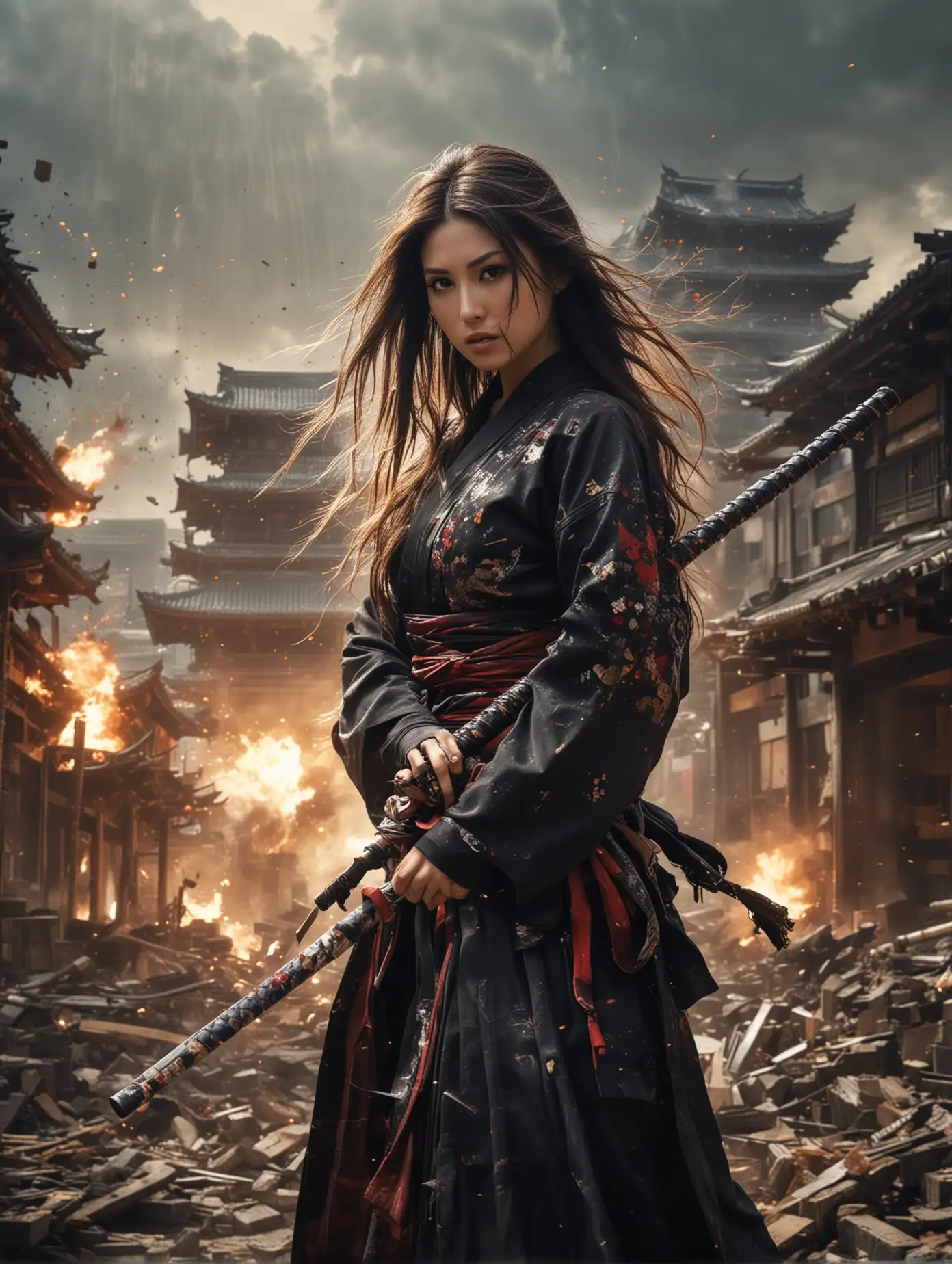 Eye level view, A masterful and striking conceptual art potrait, showcasing beauty maria ozawa wears samurai warrior outfit, flowing wild long hair, she was holding katana, deeply immersed in the chaotic energy of a war Zone with explosions everywhere. Pile of wrecked buildings, Dynamic martial action pose at japanese temple background with amazing ray tracing of sunshine.