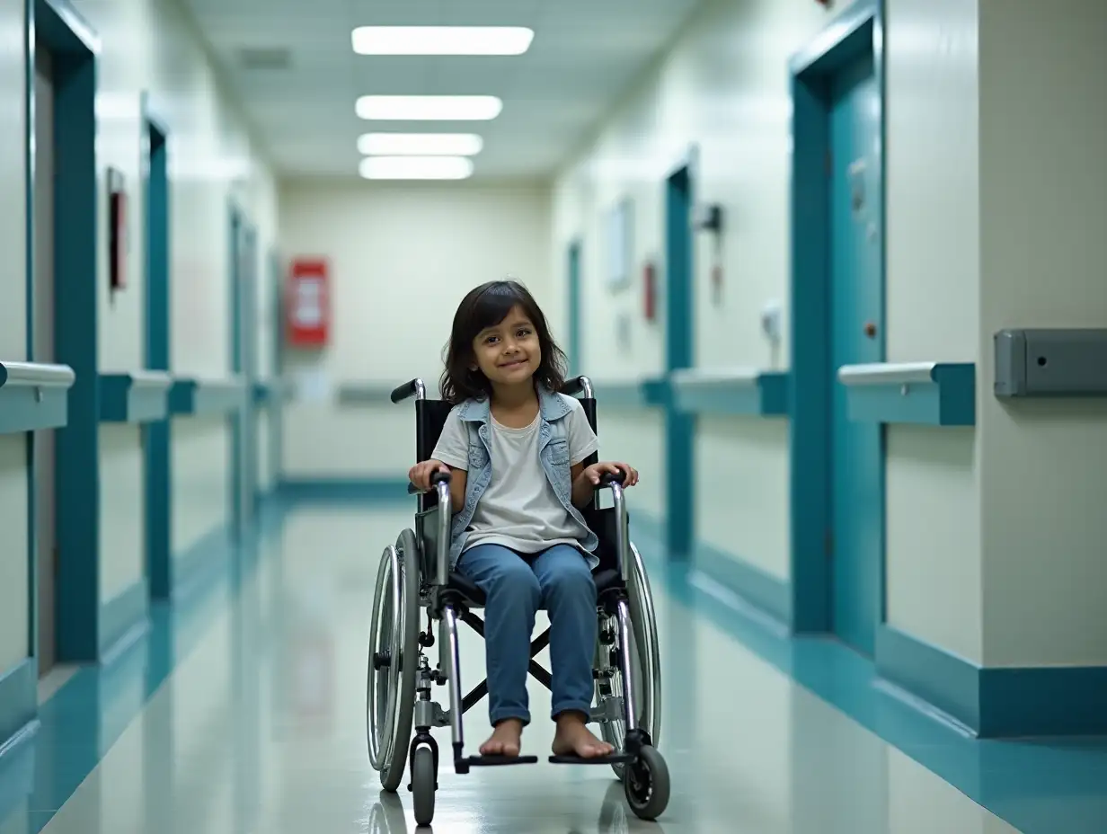 Young indian handicapped girl kid sitting on a wheelchair at hospital. Healthcare concept. Copy space