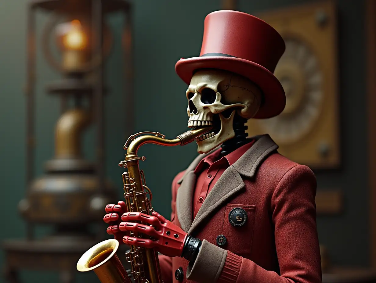 Create a high-resolution, realistic image of a robot with a skeleton body, red porcelain hands and head, a sweater, a Steampunk top hat and a saxophone in 4K resolution (Steampunk 8K quality)