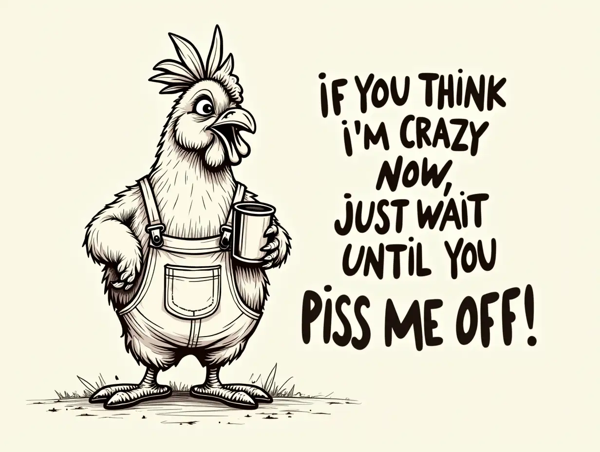 Vector. Create a detailed image of a caricature chicken with a mischievous expression, wearing overalls and a tumbler, set boho farmhouse background. The text 'If you think I'm crazy now, just wait until you Piss me off!' should be prominently displayed in bold, black letters. Sketch style