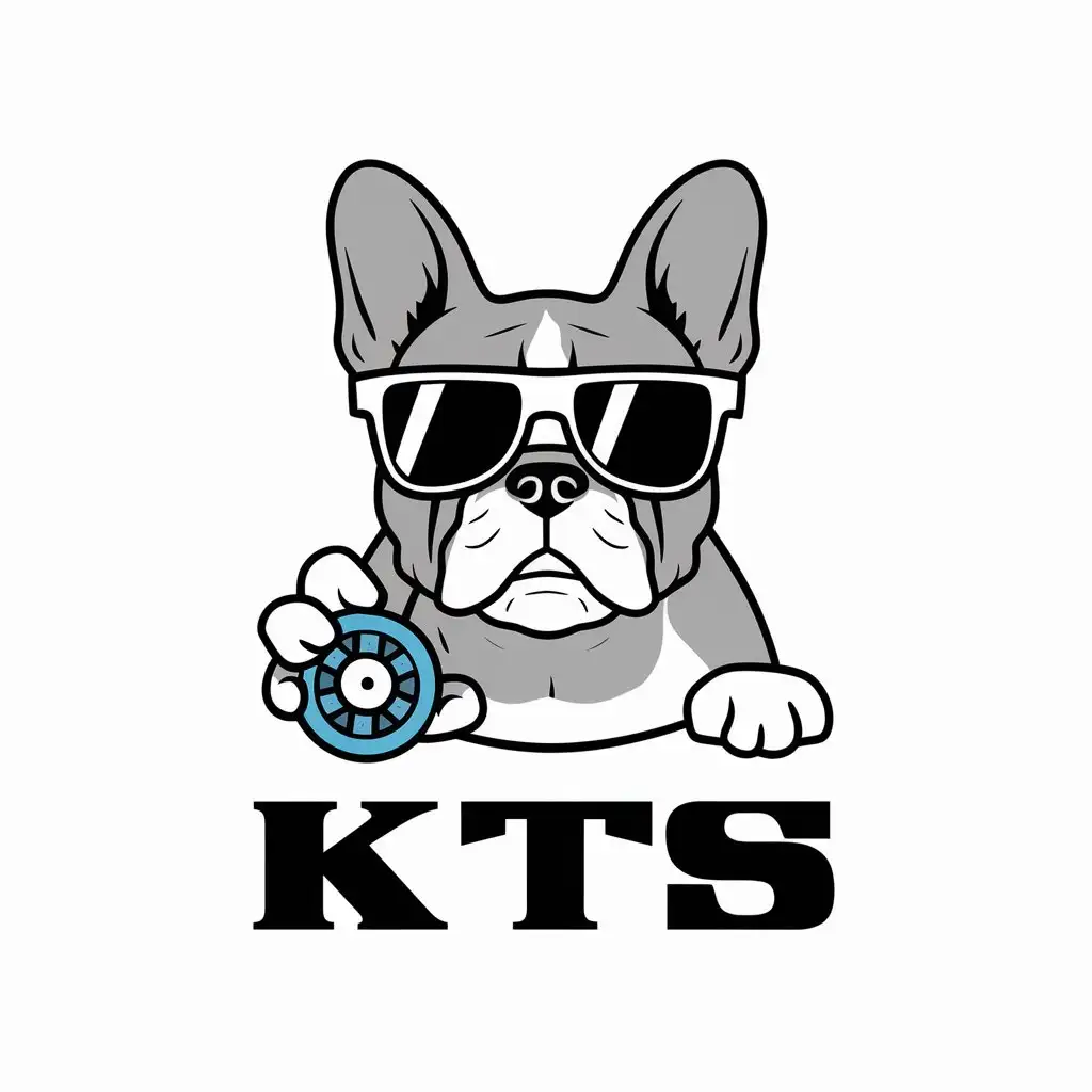 a vector logo design,with the text "KTS", main symbol:A French bulldog with sunglasses, playing with a finger fidget spinner,complex,be used in Others industry,clear background