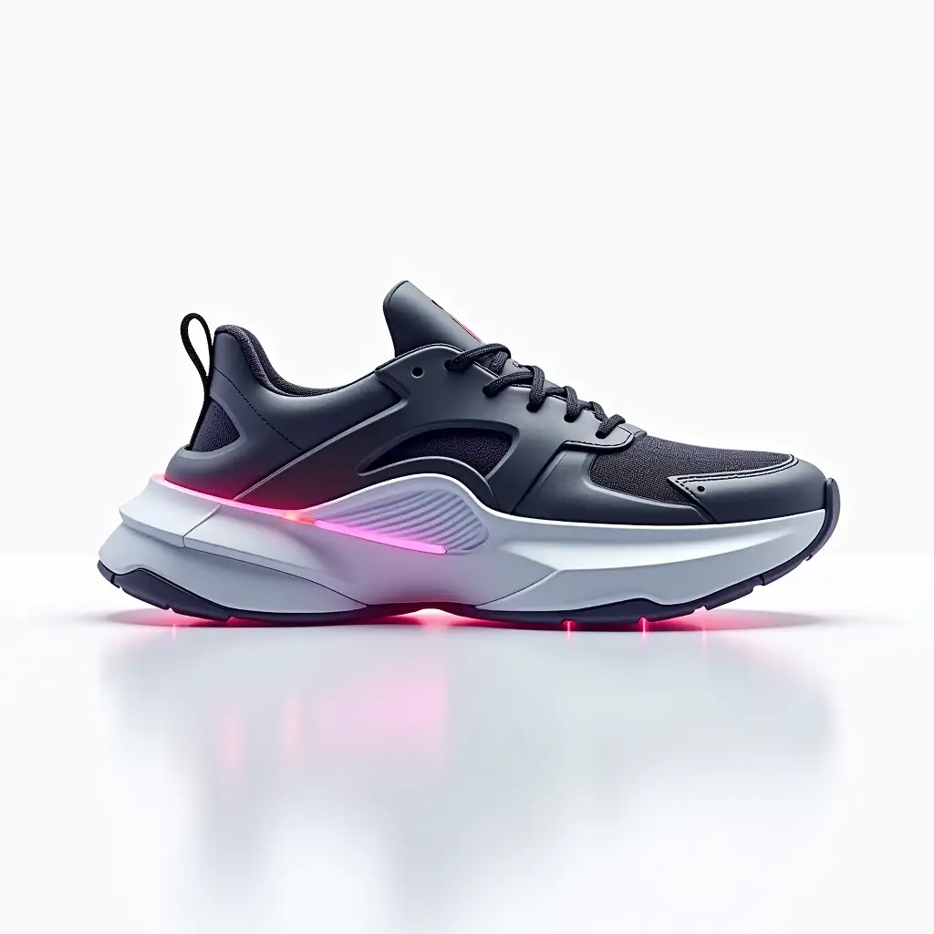 Design a futuristic sneaker with a sleek, modern aesthetic, featuring an adaptive LED-lit soul and premium materials. The shoe should seamlessly blend multiple color elements for a dynamic look: background is white and without logo