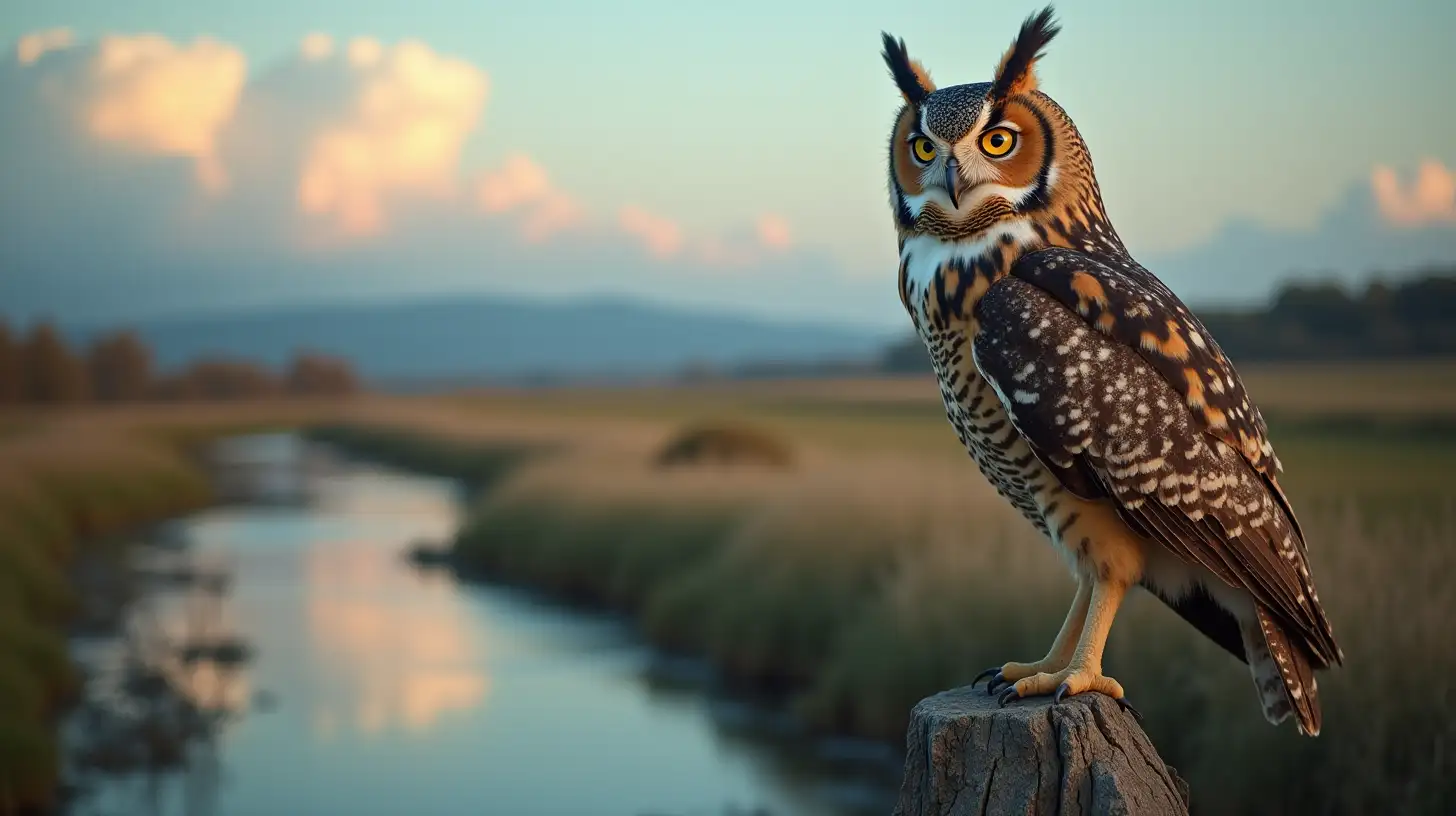 Wise Owl Perched Above River with Magnificent Sky