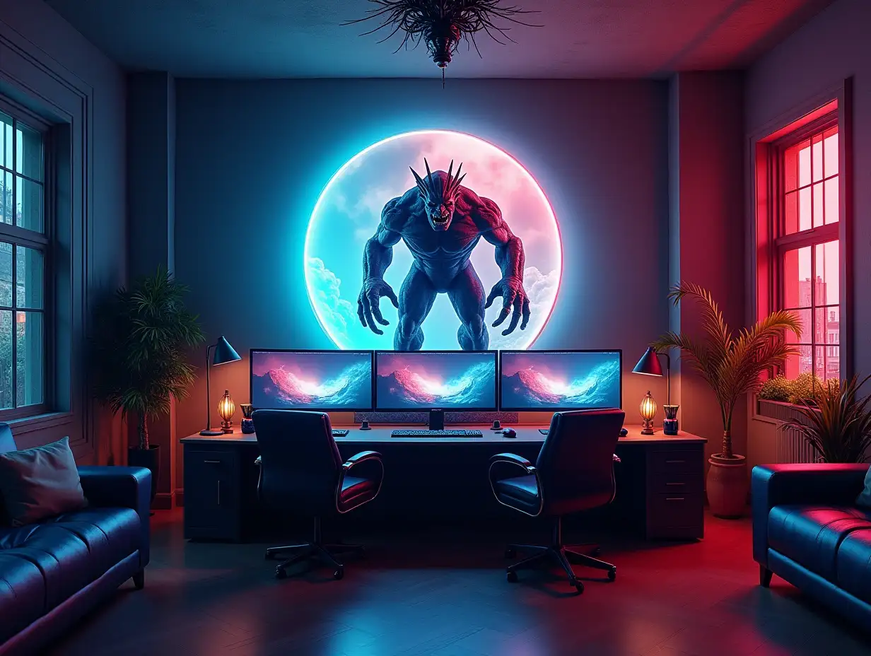 user_prompt: see a large gaming room gray with three monitors gaming table a statue of the attack on titan monster 180 degrees panoramic shots 8K resolution vibrant colors