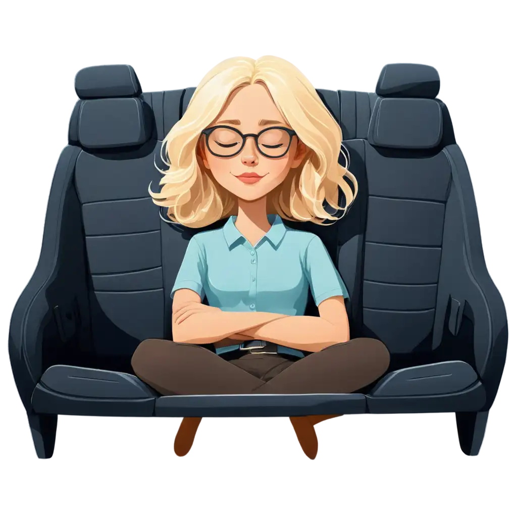 cartoon character blonde girl with glasses napping in car with eyes closed, two hands