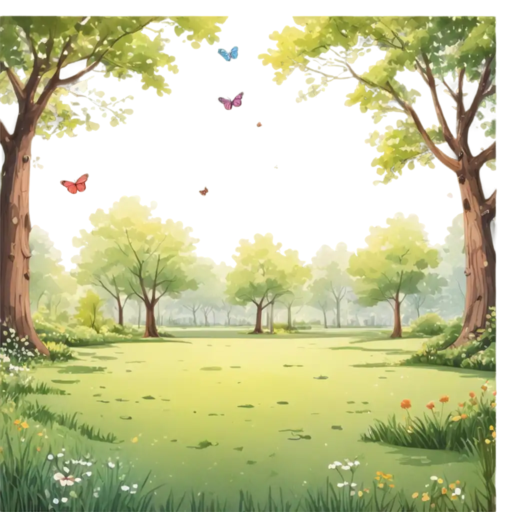 Cartoon-Style-Parkland-PNG-Image-with-Trees-and-Butterflies-for-Creative-Projects