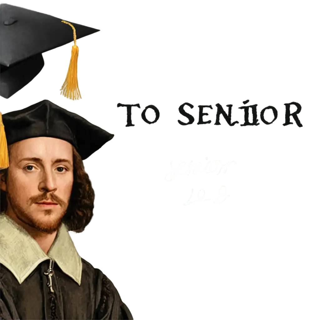 William shakespeare with graduation hat and thi sentence 'to be senior or not to be'