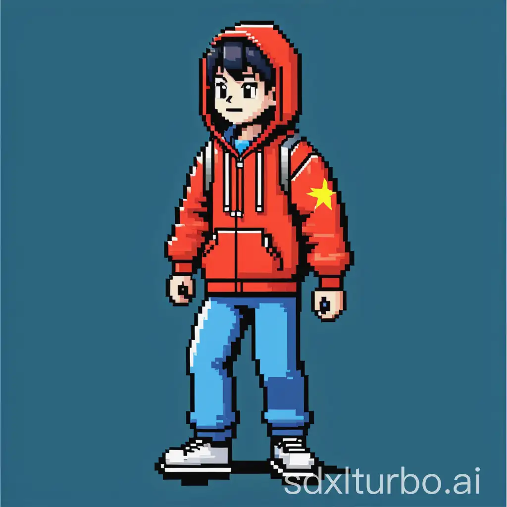 1 piece of 8-bit style sprite image of a Chinese student, the sprite image contains standing right, walking right, standing left, and walking left students wearing hoodies.